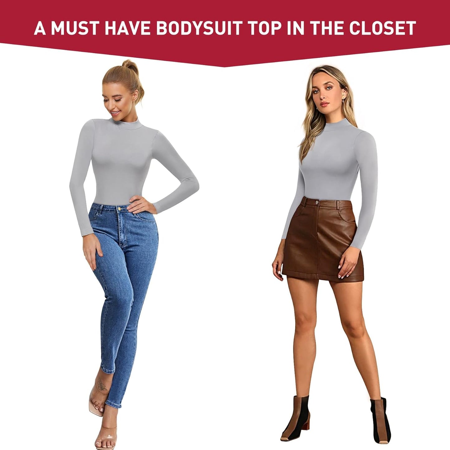 Long Sleeve Bodysuit Tops for Women Mock Neck Slim Fit T Shirts Casual Basic Thong Jumpsuits(Medium-Large, Grey)