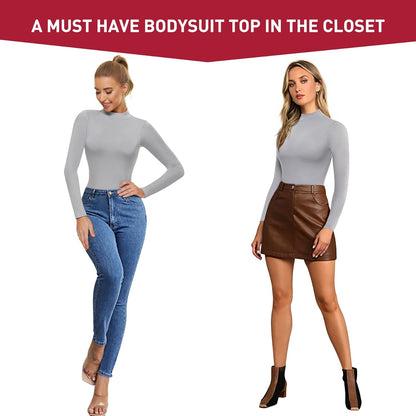 Long Sleeve Bodysuit Tops for Women Mock Neck Slim Fit T Shirts Casual Basic Thong Jumpsuits(Medium-Large, Grey)
