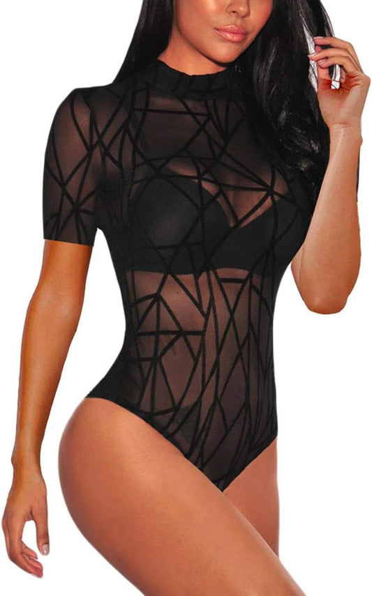 Women'S Sheer Mesh Turtleneck Neck See through Leotard Bodysuit Body Tops