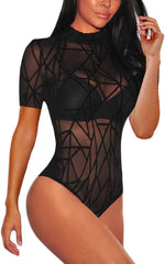 Women'S Sheer Mesh Turtleneck Neck See through Leotard Bodysuit Body Tops