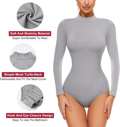 Long Sleeve Bodysuit Tops for Women Mock Neck Slim Fit T Shirts Casual Basic Thong Jumpsuits(Medium-Large, Grey)