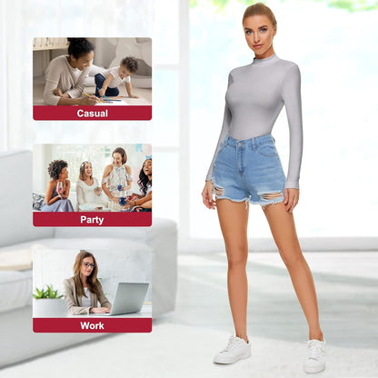 Long Sleeve Bodysuit Tops for Women Mock Neck Slim Fit T Shirts Casual Basic Thong Jumpsuits(Medium-Large, Grey)