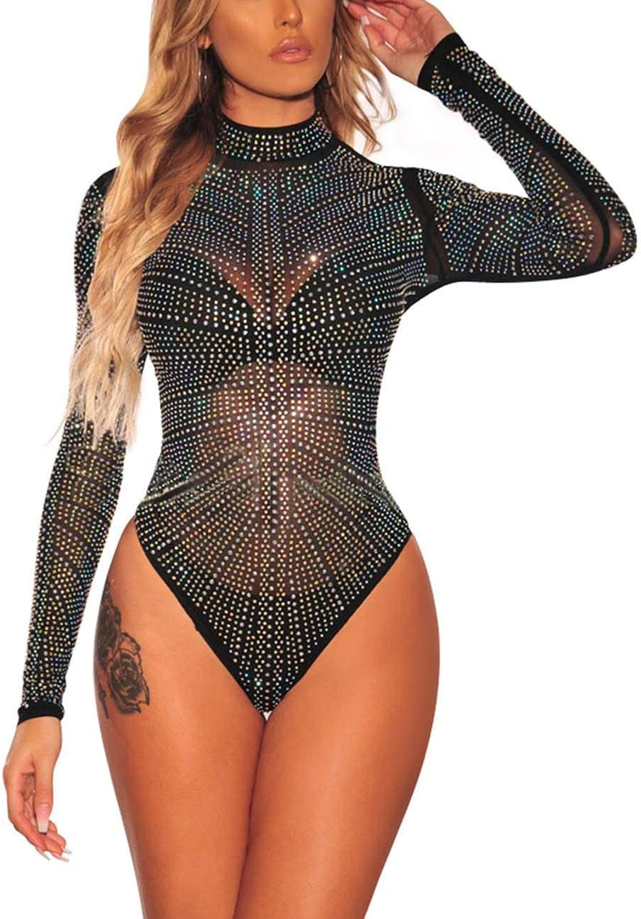 Women'S Sheer Mesh Turtleneck Neck See through Leotard Bodysuit Body Tops