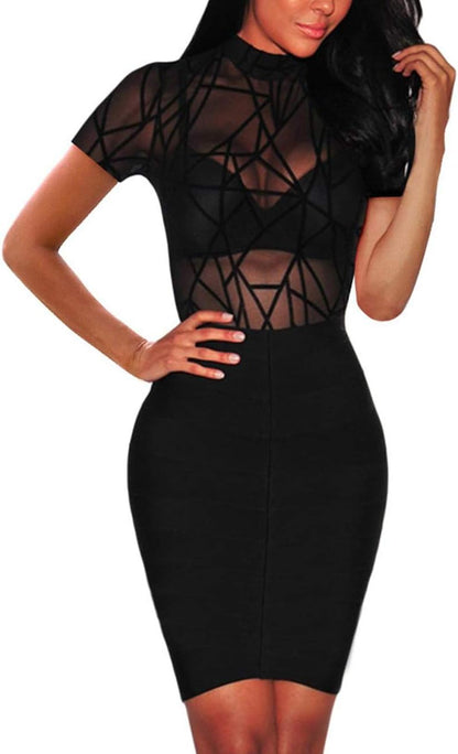 Women'S Sheer Mesh Turtleneck Neck See through Leotard Bodysuit Body Tops