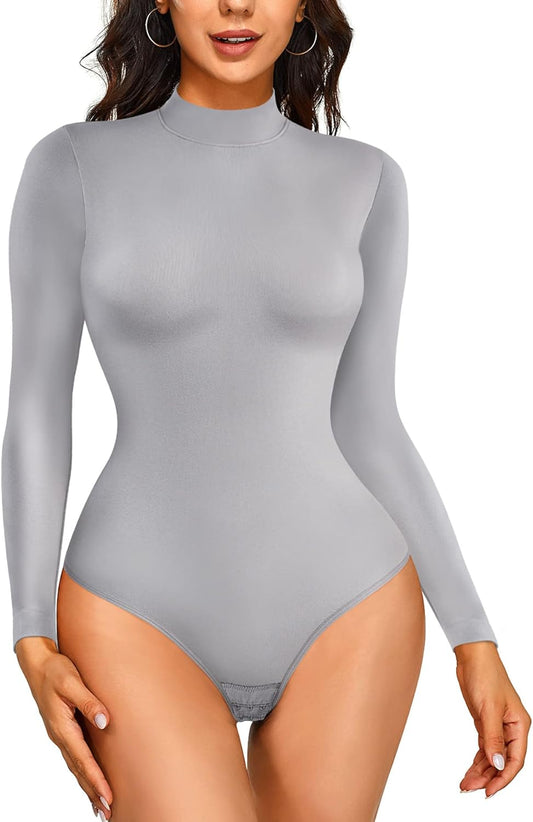 Long Sleeve Bodysuit Tops for Women Mock Neck Slim Fit T Shirts Casual Basic Thong Jumpsuits(Medium-Large, Grey)