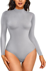 Long Sleeve Bodysuit Tops for Women Mock Neck Slim Fit T Shirts Casual Basic Thong Jumpsuits(Medium-Large, Grey)